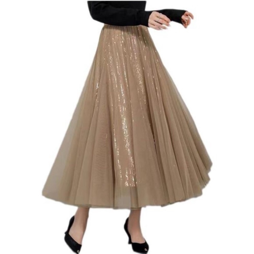 HOT Long Tulle Skirt Layered Flowy Sequins Sequins Khaki